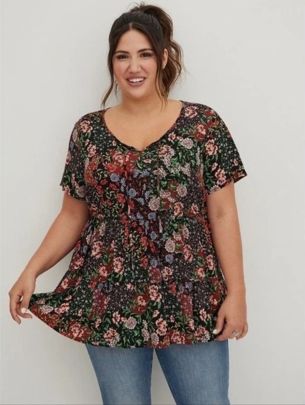 Torrid Black Floral V-Neck Ruffled Tunic with Red and Green Accents